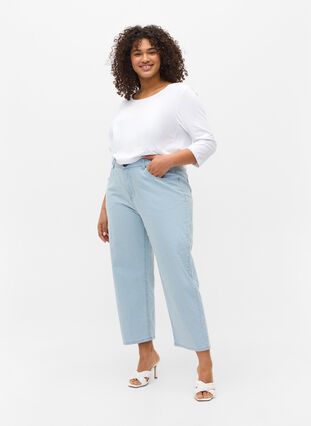 Zizzi Straight jeans med ankellengde, Light Blue Stripe, Model image number 4