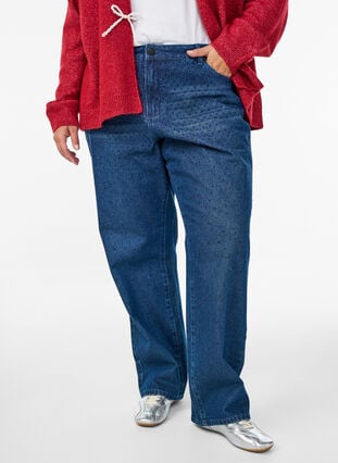 Zizzi Straight fit jeans med rhinesteiner og høy midje, Dark Blue, Model image number 2