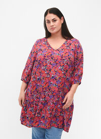 Viskose tunika med A-linje kutt, Pink Small FL. AOP, Model