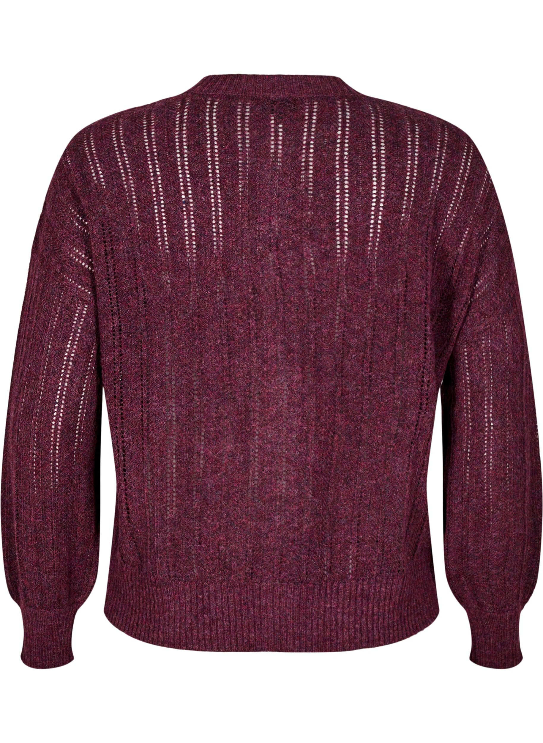 ZizziStrikket cardigan med &aring;pent m&oslash;nster, M&oslash;rk Bordeaux, Packshot image number 1