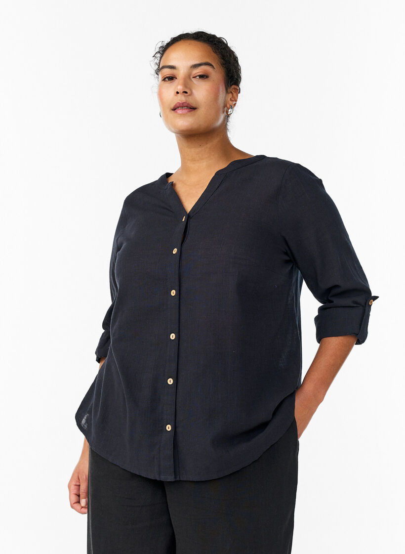 Bluse i bomull med V-hals, Svart, Model image number 0