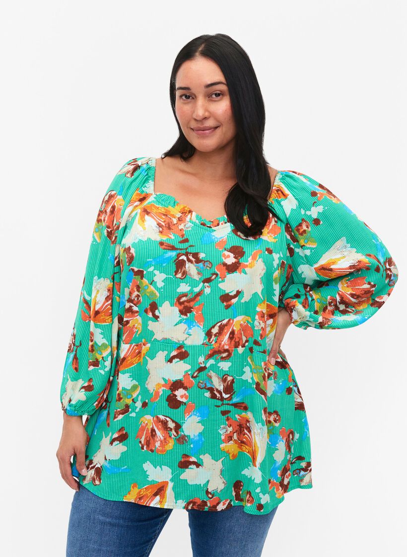 Viskosebluse med mønster og 3/4 ermer, Grønn, Model image number 0