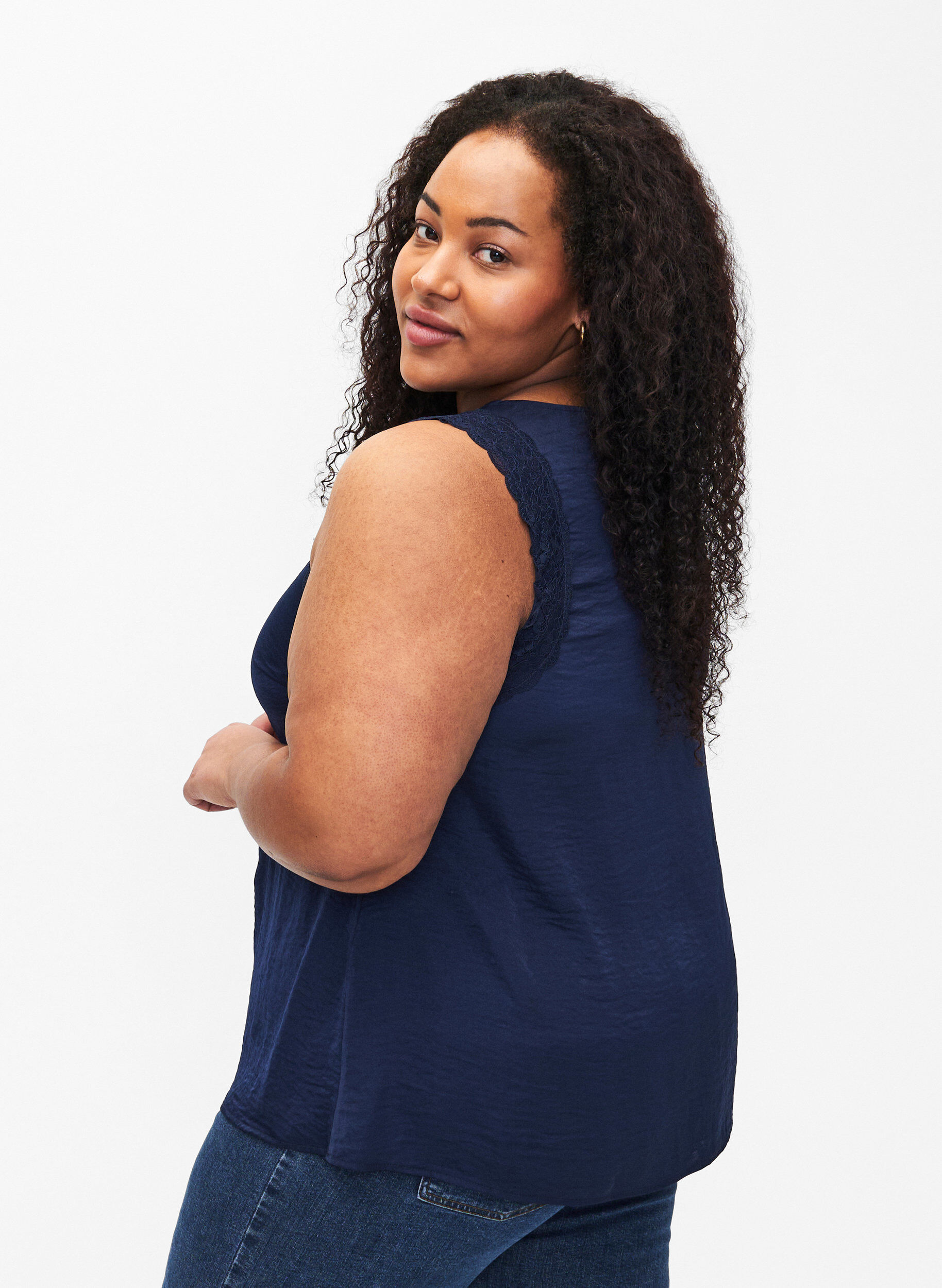 Zizzi Topp med blonder og kryssdetaljer, Navy, Model image number 1