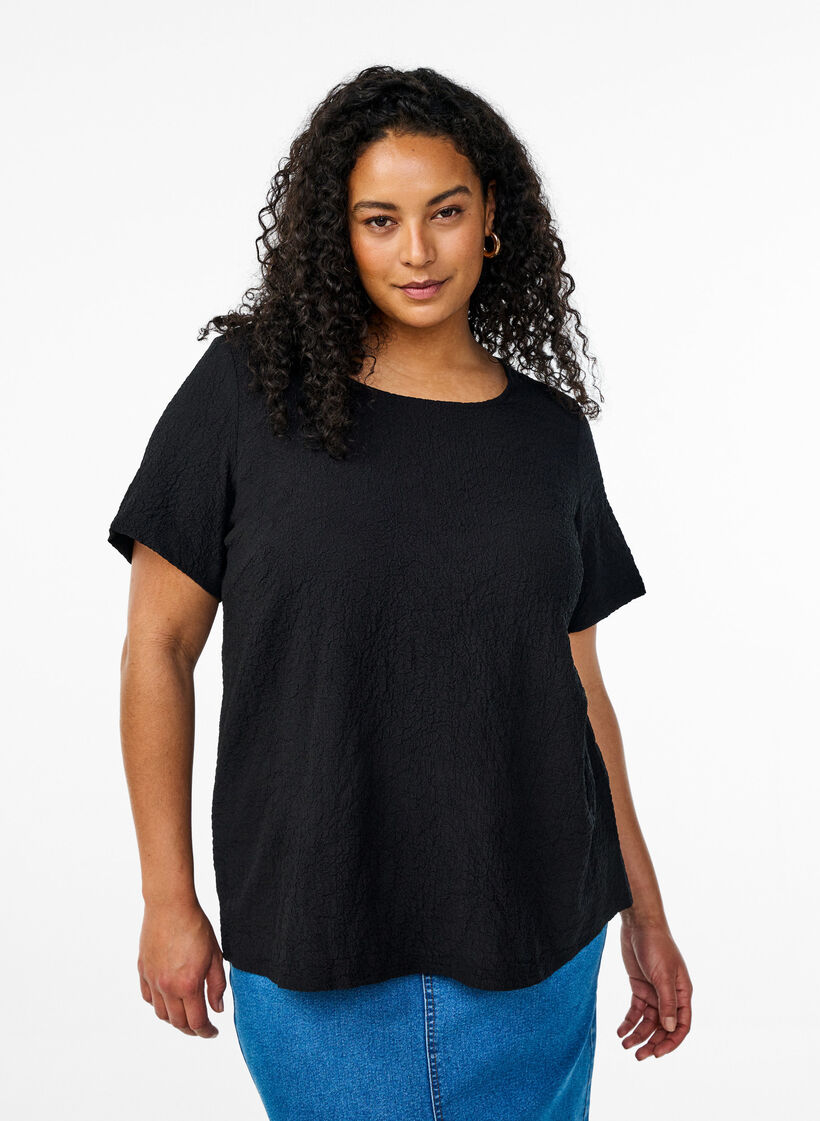 FLASH - Kortermet bluse med tekstur, Svart, Model image number 0