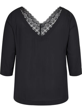 Bluse med 3/4-ermer og blonderygg, Black, Packshot image number 1
