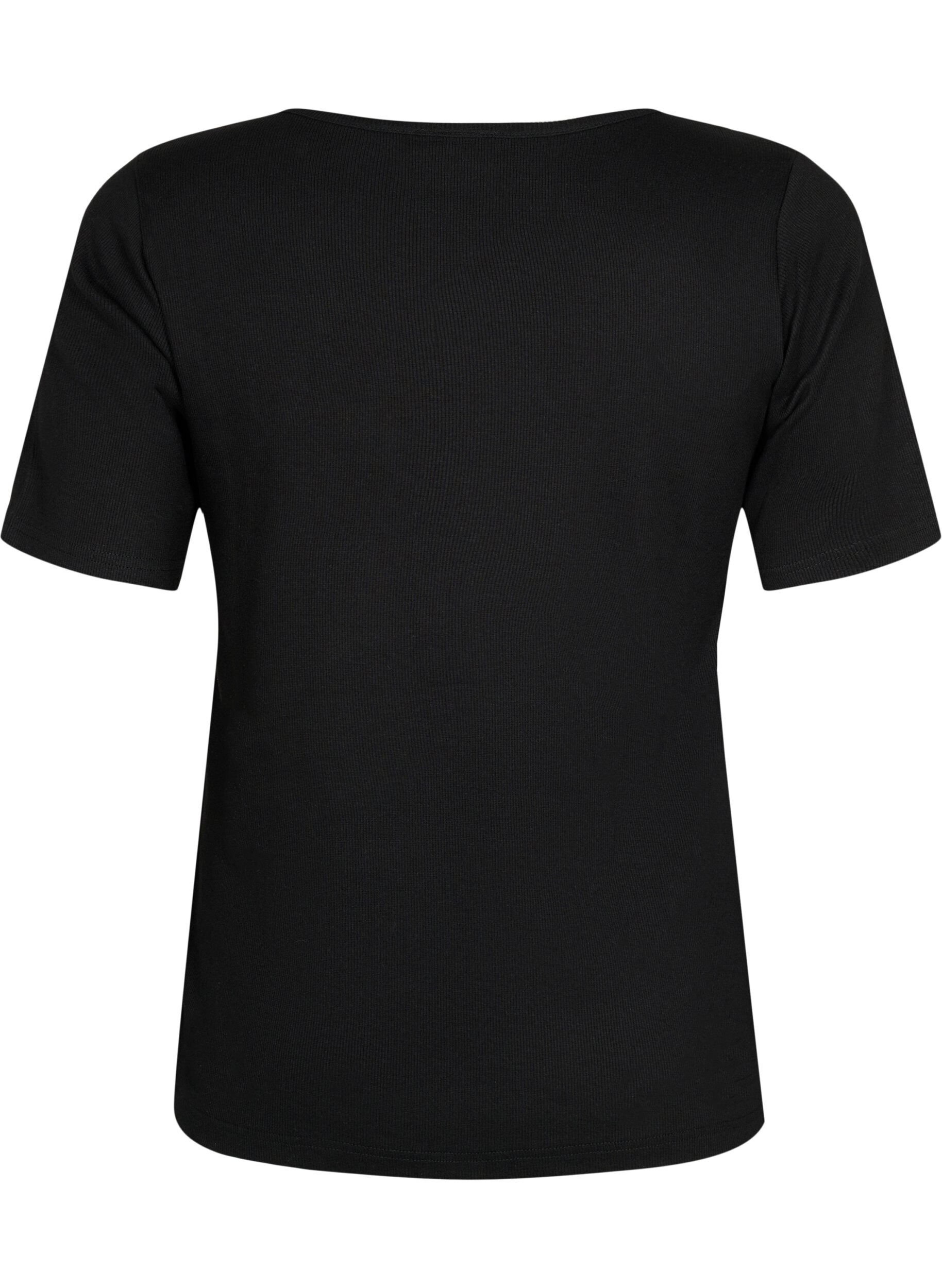 Zizzi Kortermet bomullsbluse av ribbet materiale, Black, Packshot image number 1