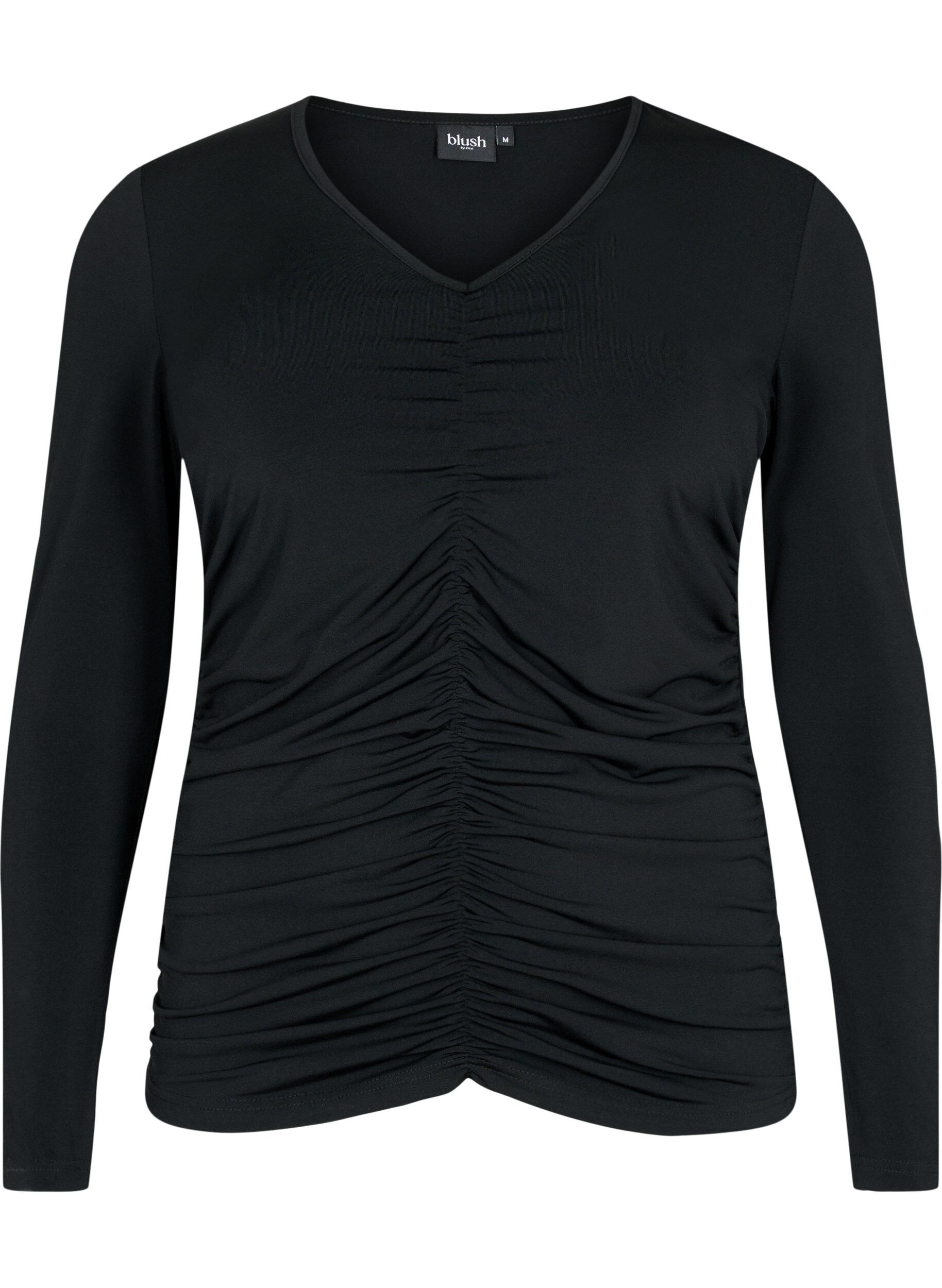 Zizzi Bluse med v-hals og drapering, Black, Packshot image number 0