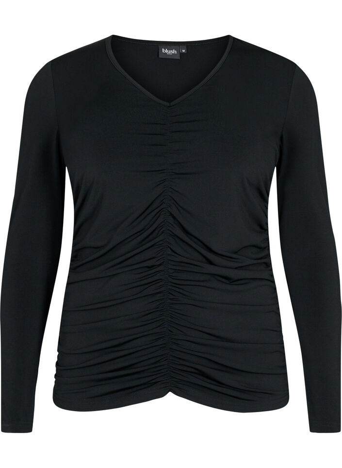 Bluse med v-hals og drapering, Black, Packshot image number 0