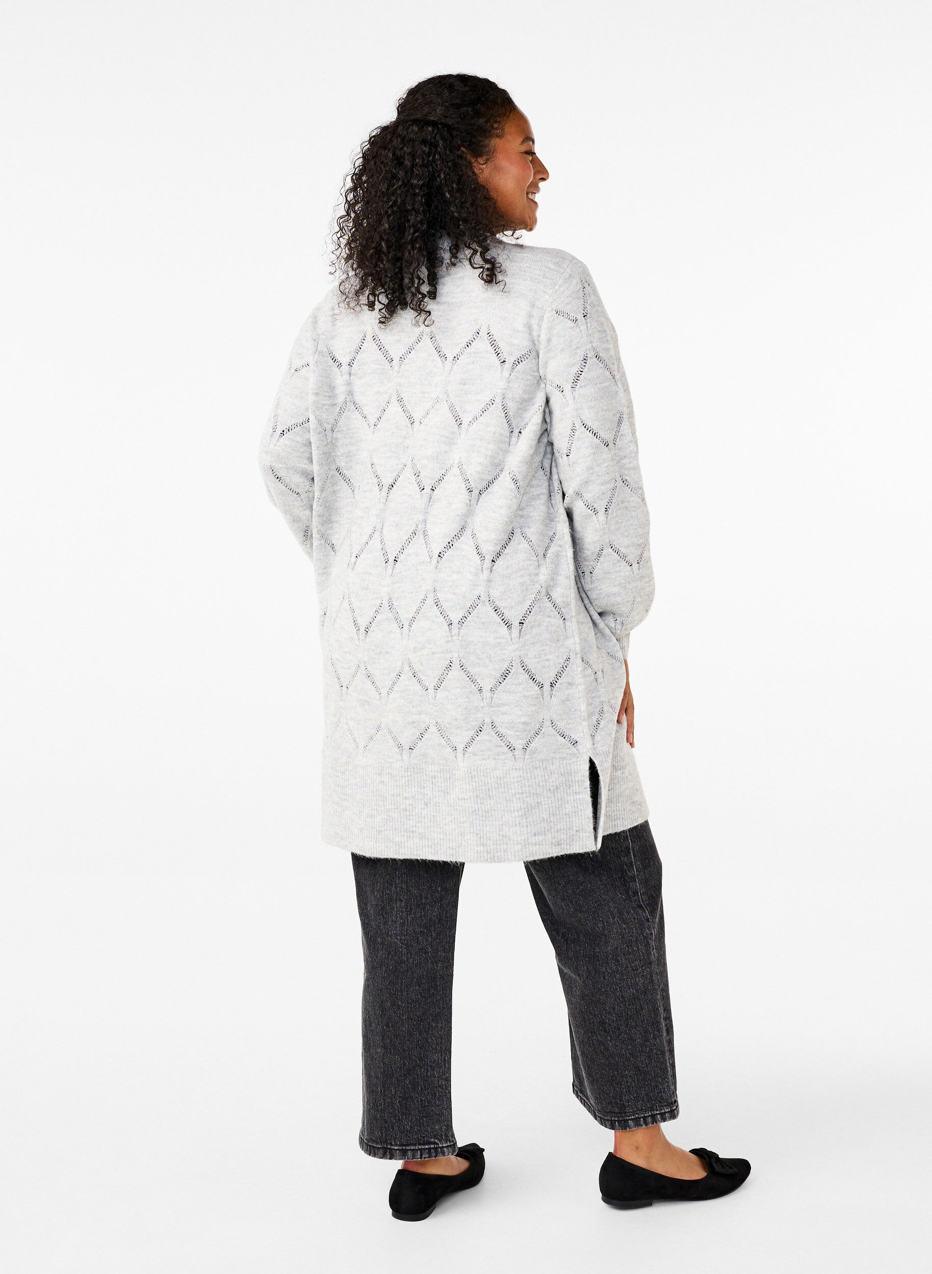 Zizzi Strikket cardigan med lange ermer, Light Grey Melange, Model image number 1