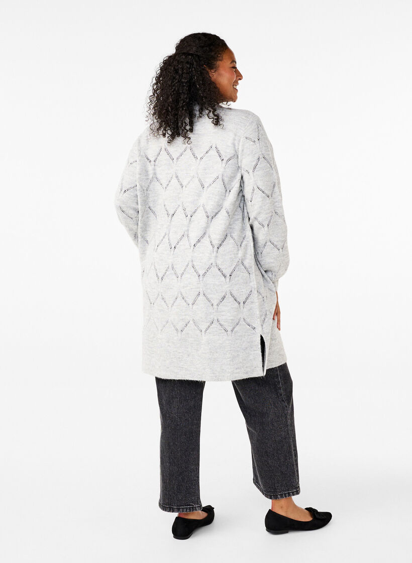 Strikket cardigan med lange ermer, Light Grey Melange, Model image number 1