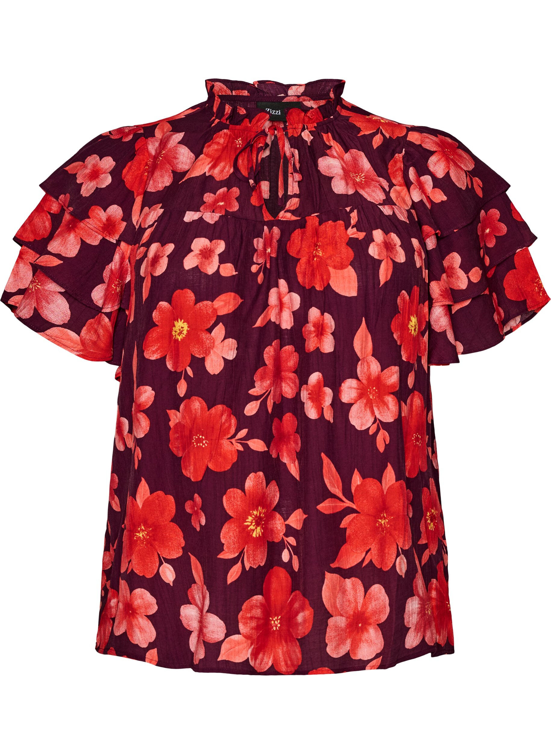 ZizziBluse i viskose med blomstermotiv og volangermer, Lilla, Packshot image number 0