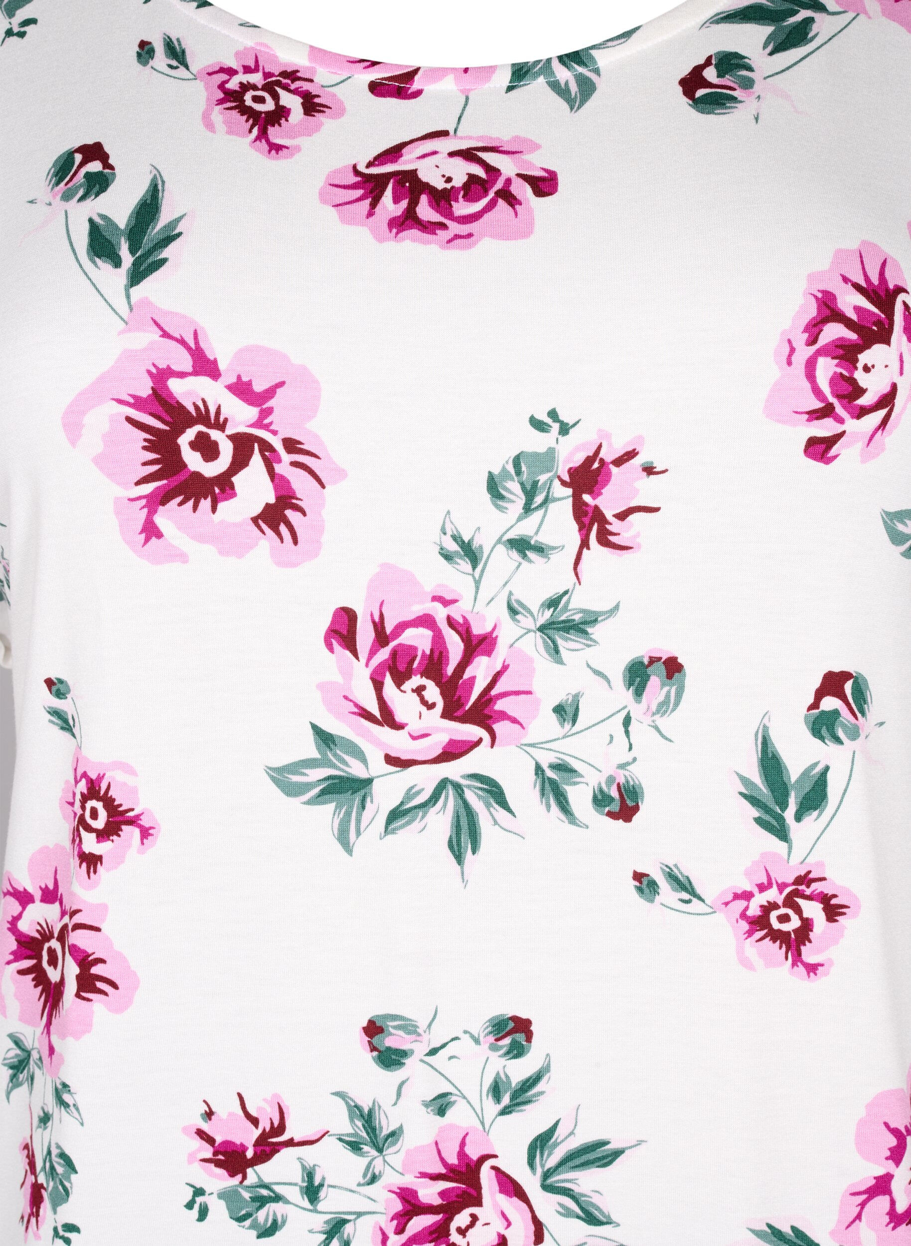 Zizzi Blomstret bluse i viskose med korte ermer, White Pink AOP, Packshot image number 2
