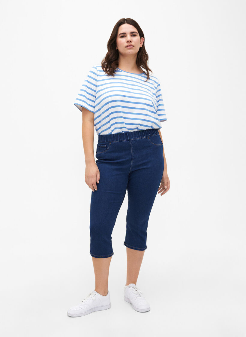 Denim-knebukser med elastisk linning, Dark Blue Denim, Model