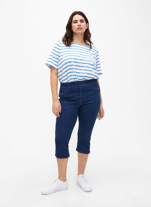 Zizzi Denim-knebukser med elastisk linning, Dark Blue Denim, Model image number 3