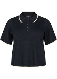 Finstrikket poloskjorte med kontrastkant, Black w. White