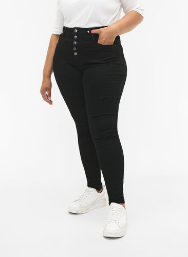 Amy-jeans med høy midje og knapper, Black, Model image number 2