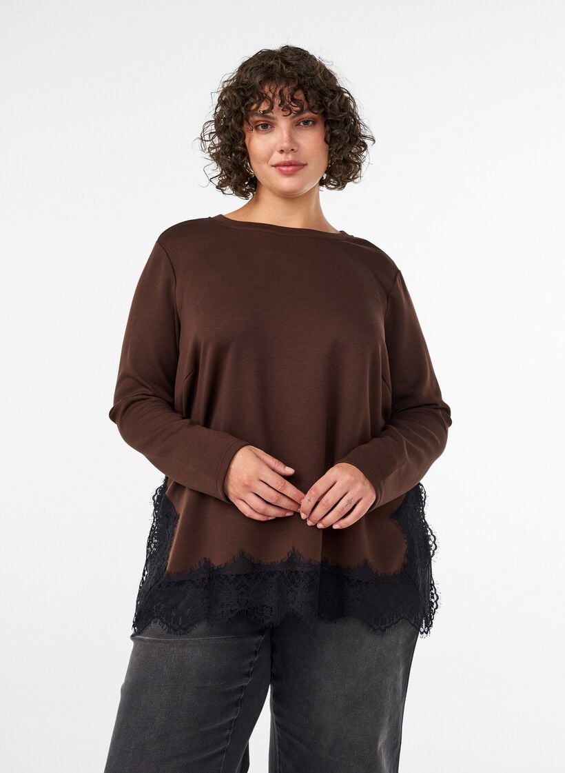 Jerseybluse med blonderkant, Brun, Model image number 0