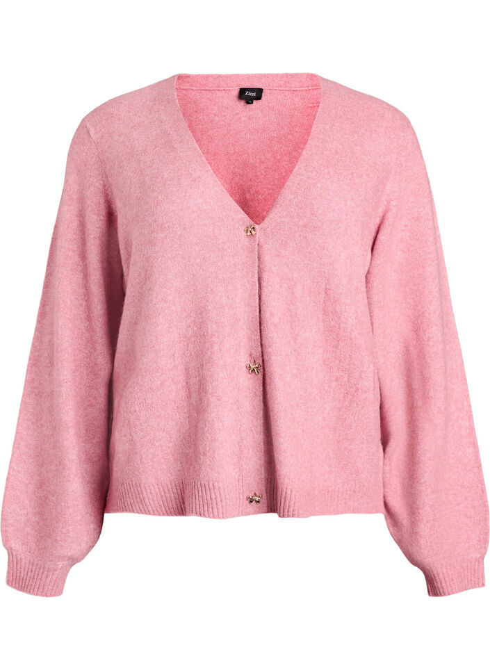Strikkecardigan med ull og sløyfeknapper, Rosa, Packshot image number 0