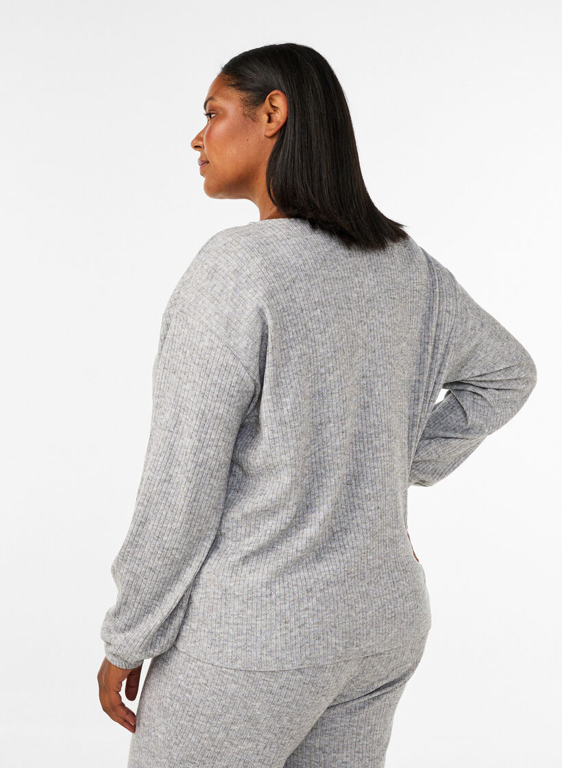 Bluse i jersey med ribbet tekstur og V-hals, Gr&aring;, Model image number 2
