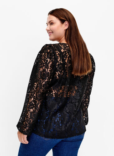FLASH – Bluse med lange ermer og blonder, Black, Model image number 1