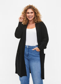 Lang strikket cardigan med lommer, Black, Model