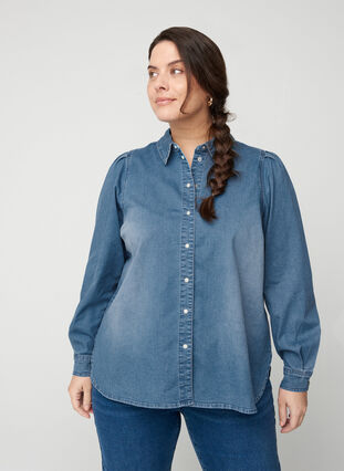 Denimskjorte med puffermer, Blue denim, Model image number 0