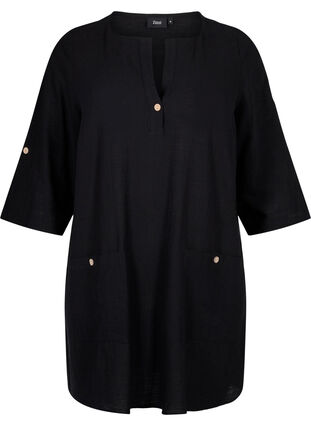3/4-ermet tunika i bomullsblanding med lin, Black, Packshot image number 0
