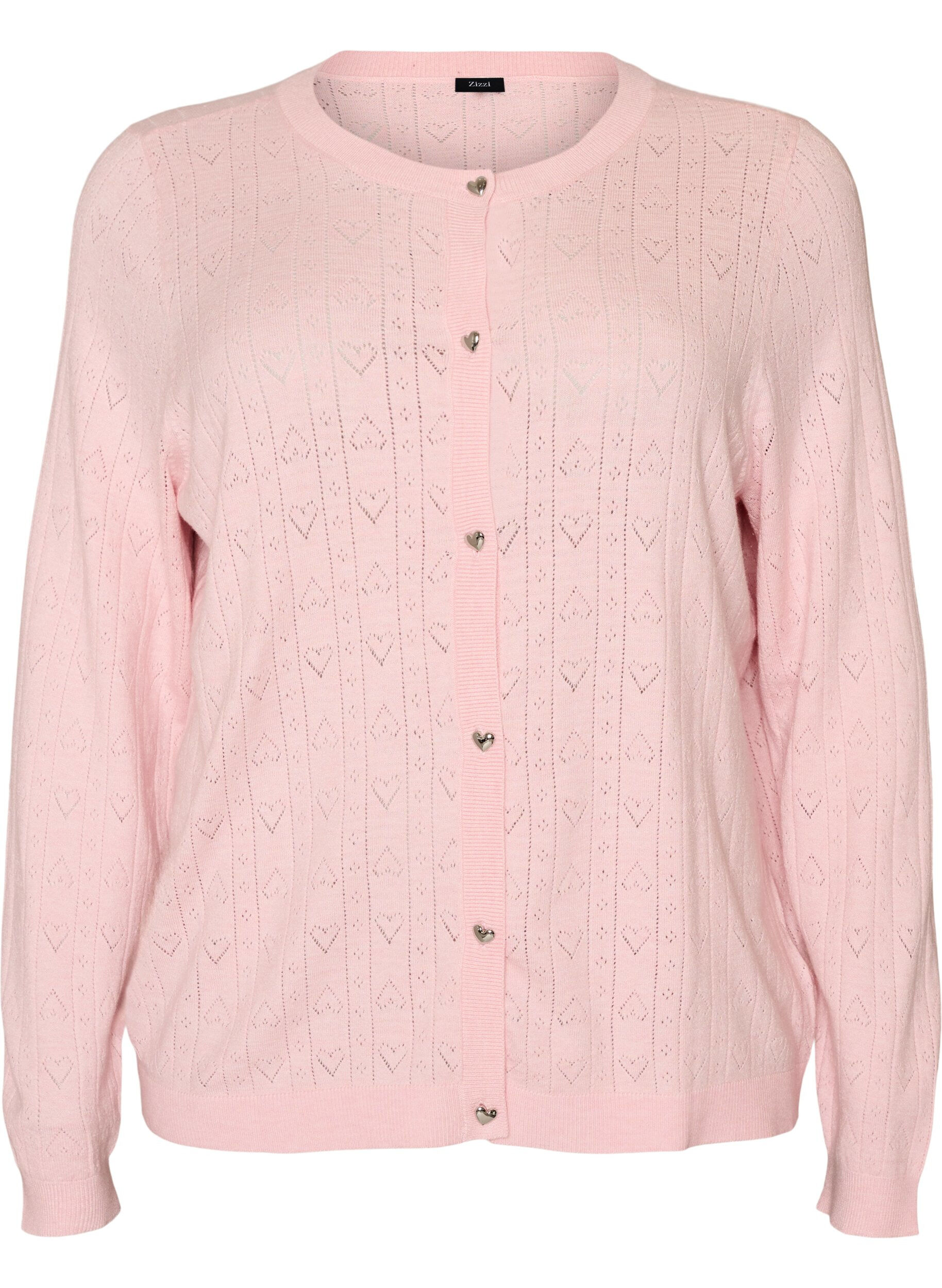 ZizziStrikket cardigan med hjerte hullbroderi, Rosa, Packshot image number 0
