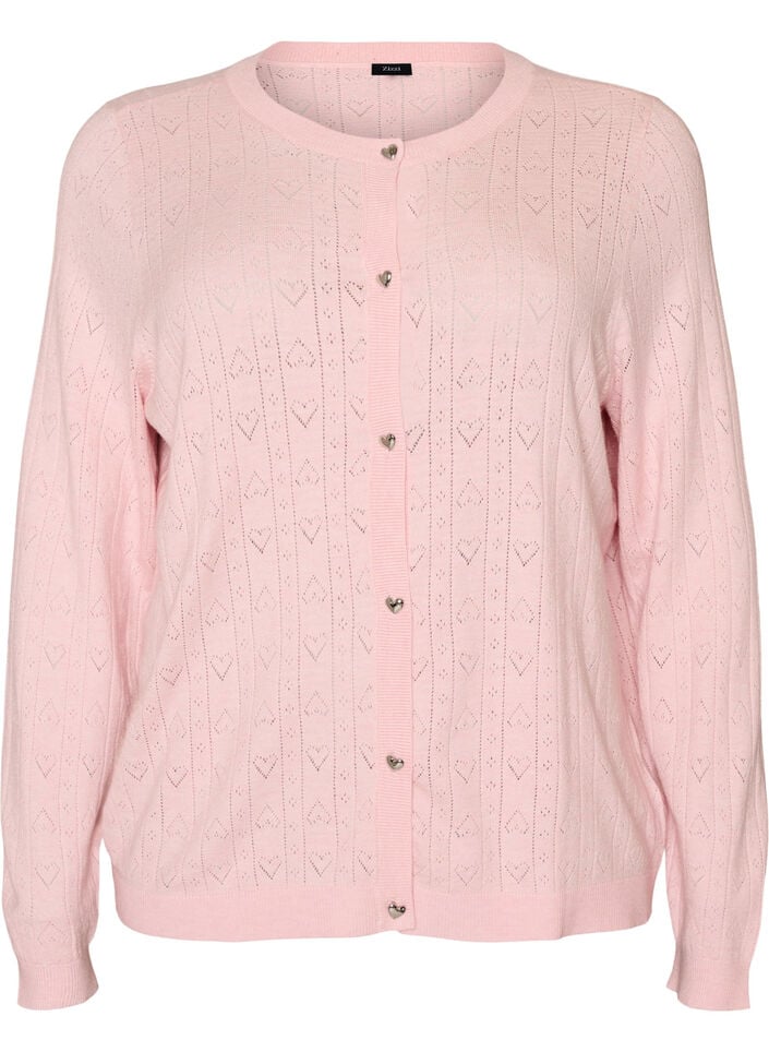 Strikket cardigan med hjerte hullbroderi, Rosa, Packshot image number 0