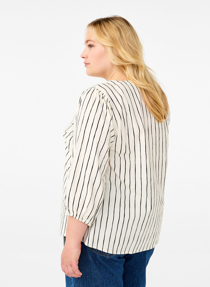 3/4-ermet bomullsbluse med trykk, Eggnog Black Stripe, Model image number 1