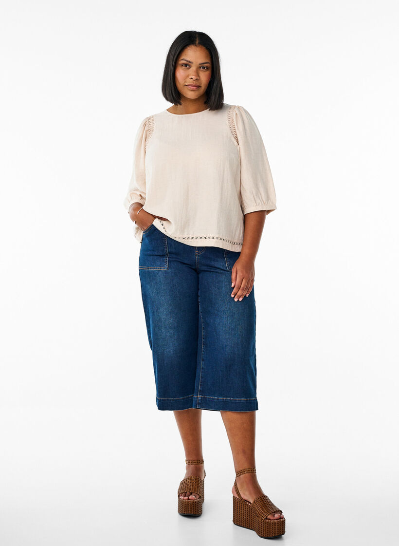 Viscoseblandingbluse med lin og rynkede skuldre, Orange, Model image number 1