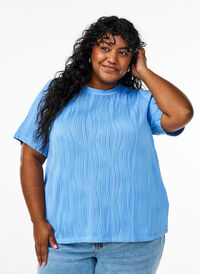 Bluse med korte ermer og bølget tekstur, Blå Bluse med korte ermer og bølget tekstur, Blå, Model