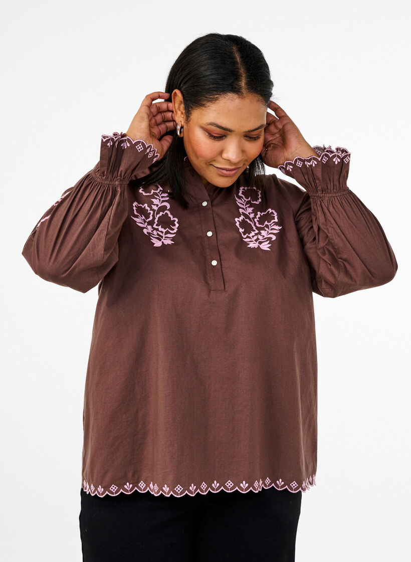 Bluse med broderi og volangdetaljer, Brun, Model image number 0