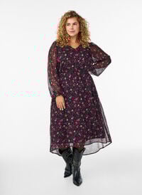Chiffonkjole med blomstertrykk og lange ermer, Svart Chiffonkjole med blomstertrykk og lange ermer, Svart, Model