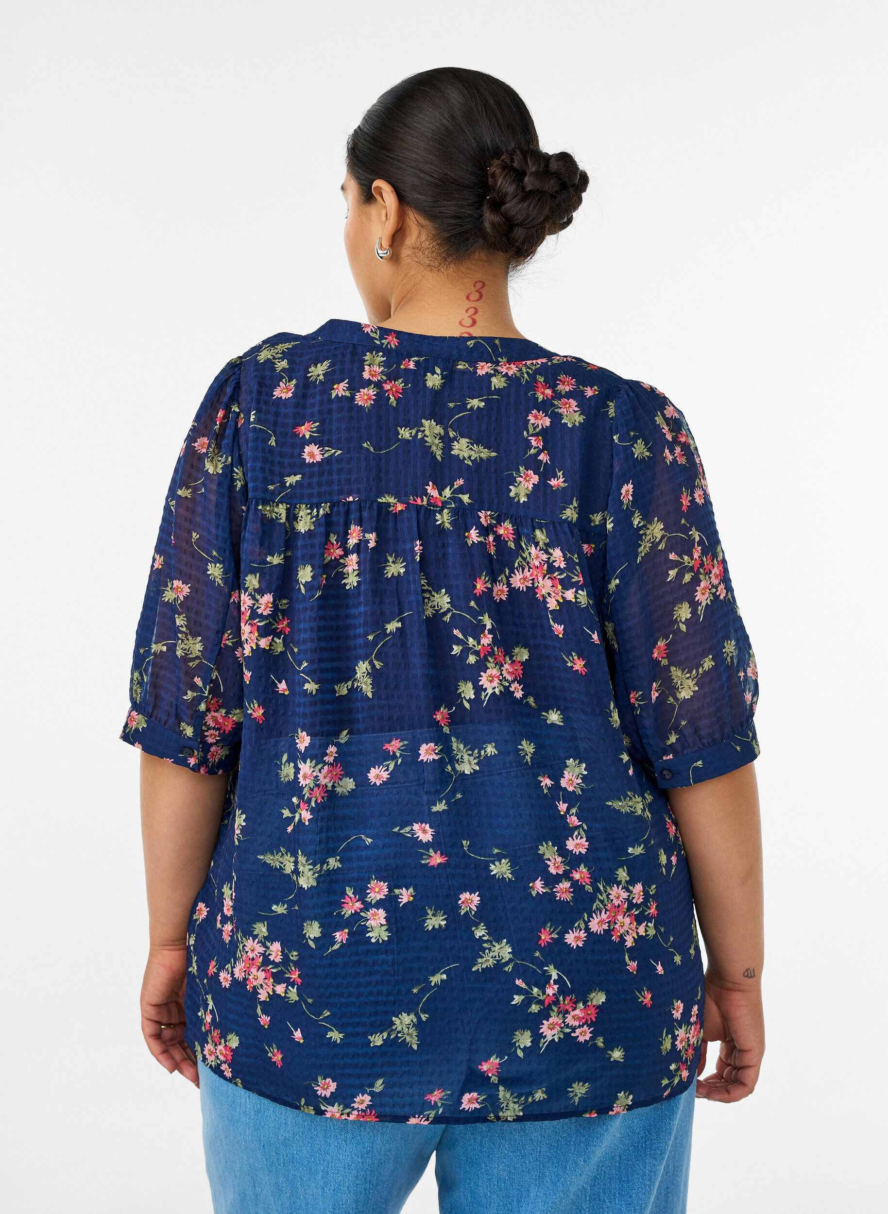 ZizziBluse med blomstertrykk og V-hals, Bl&aring;, Model image number 2