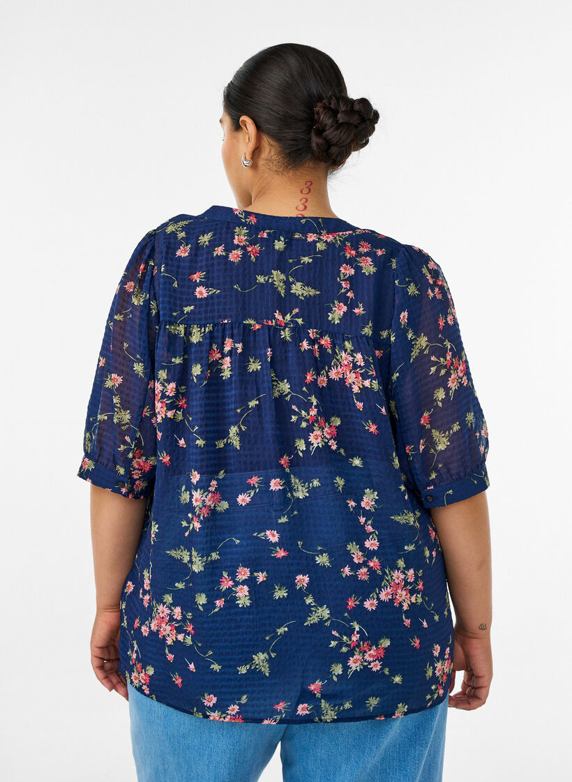 Bluse med blomstertrykk og V-hals, Bl&aring;, Model image number 2