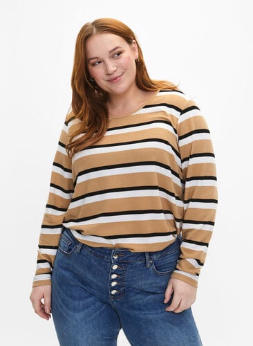 Stripete bluse med lange ermer, Stripe, Model image number 0