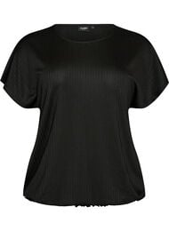 Jerseybluse med teksturerte striper og en smocket fold, Svart