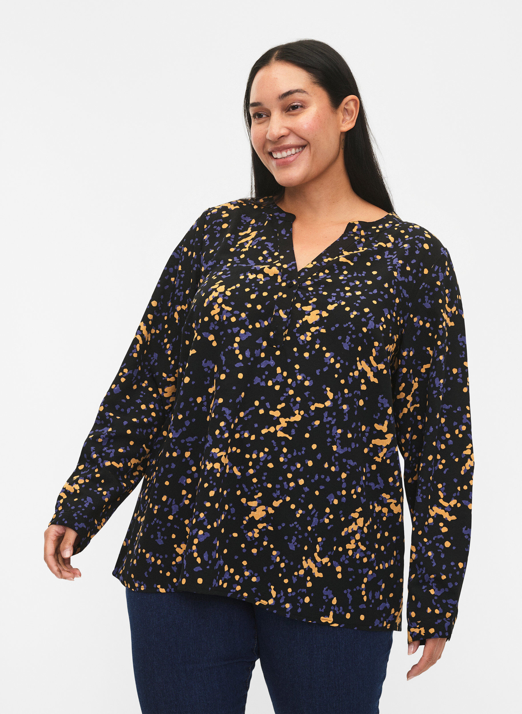 Zizzi FLASH - bluse med lange ermer og trykk, Black Splash AOP, Model image number 0