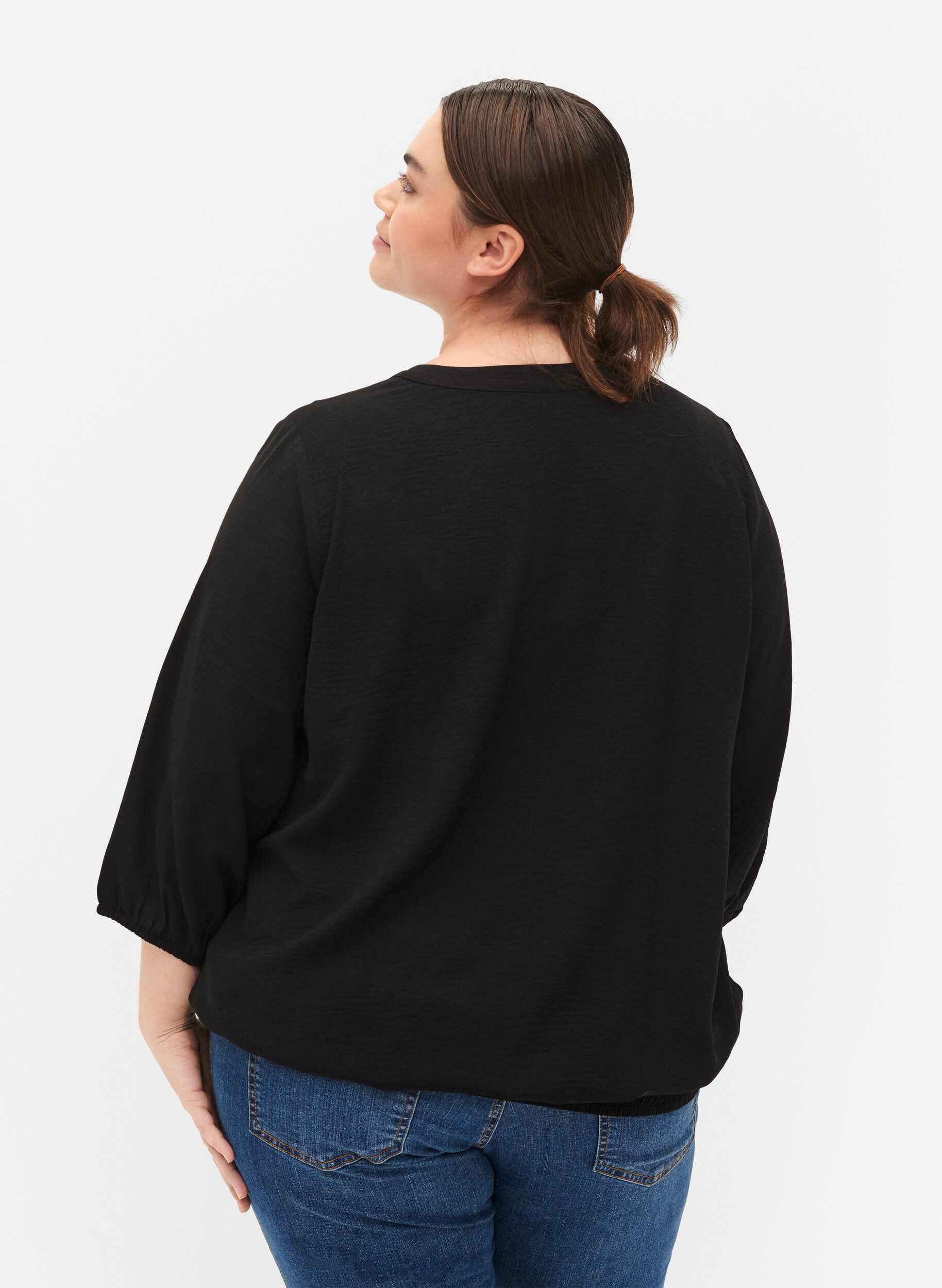 Zizzi Bluse med smock og 3/4-ermer, Black, Model image number 1
