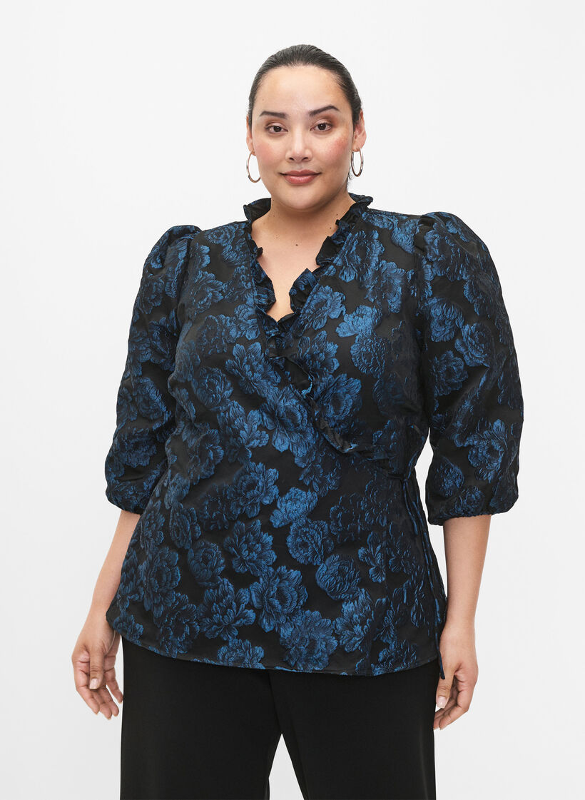 Jacquard-omslagsbluse og 3/4-ermer, Black Blue, Model image number 0