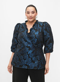 Jacquard-omslagsbluse og 3/4-ermer, Black Blue, Model