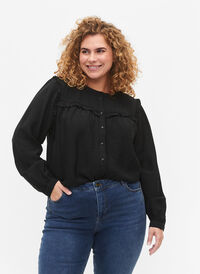 Skjortebluse med volanger og folder, Black, Model