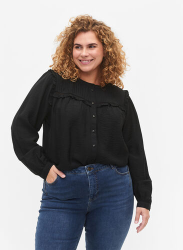 Skjortebluse med volanger og folder, Black, Model image number 0