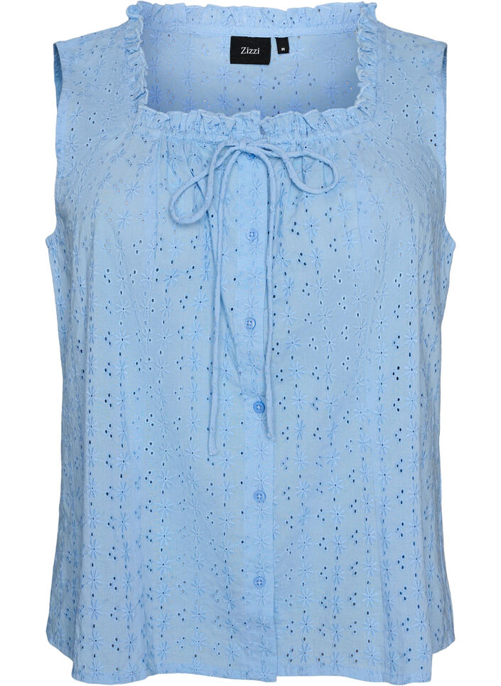 Ermel&oslash;s bluse med broderi anglaise og volanger, Bl&aring;, Packshot image number 0