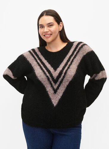 Strikket genser med stripete detaljer, Black Comb, Model image number 0
