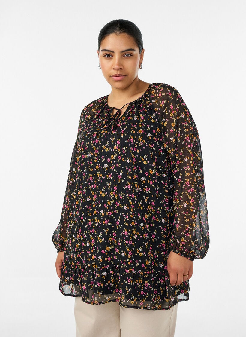 A-linjeformet tunika med blomsterprint, Svart, Model image number 0