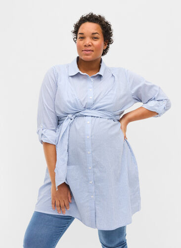 Skjortekjole i bomull til gravide, Blue Stripe, Model image number 0