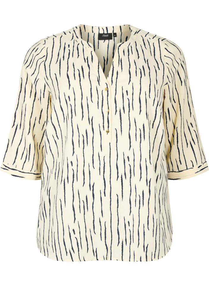 Bluse med 3/4 ermer og print, Off White Stripe, Packshot image number 0