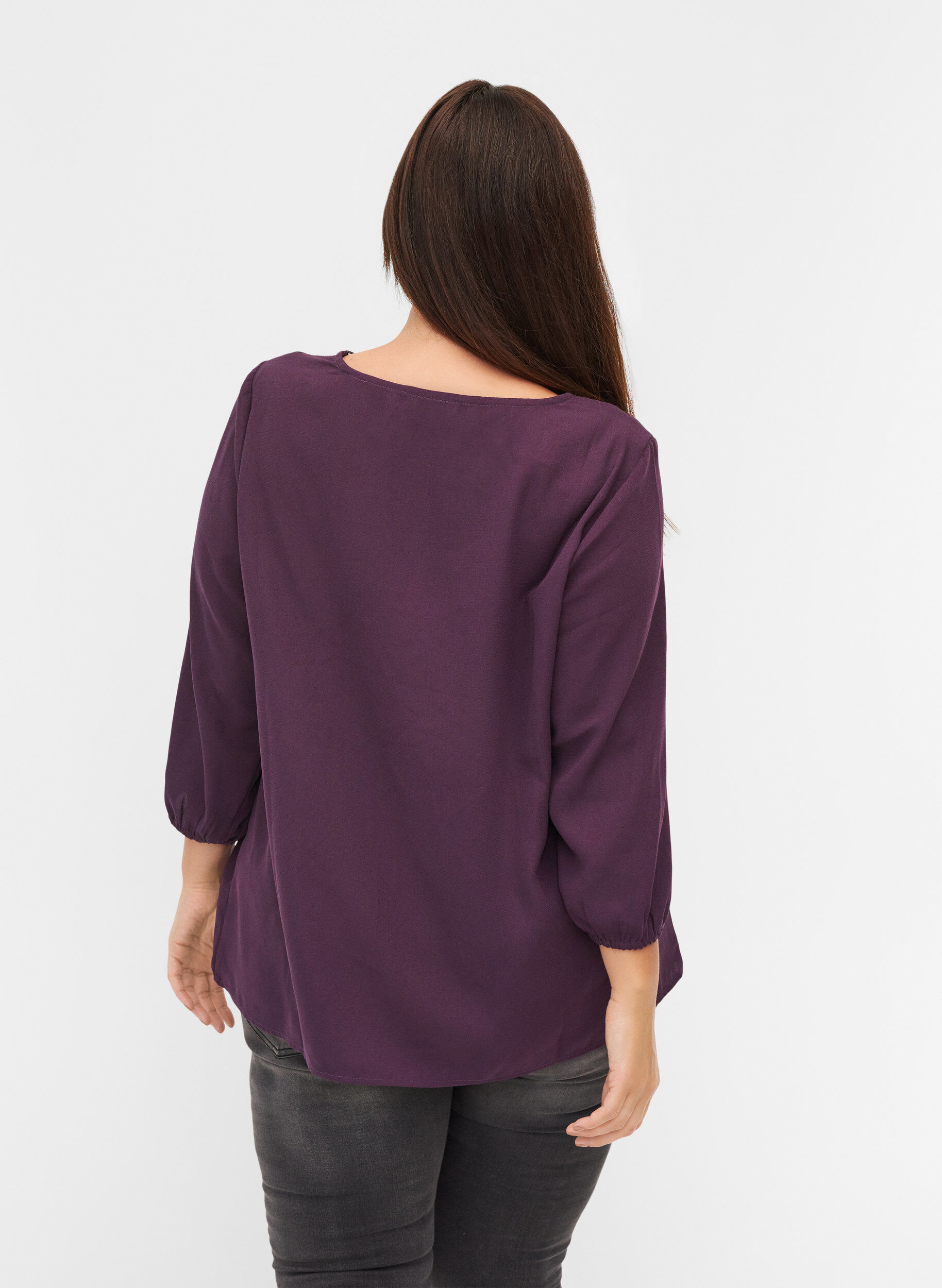 Zizzi Ensfarget bluse med blonder og 3/4-ermer, Plum Perfect, Model image number 1